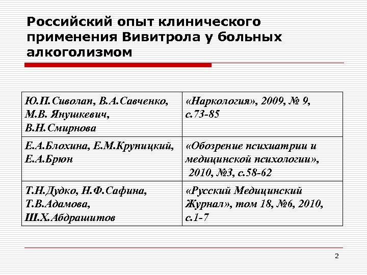 Российский опыт клинического применения Вивитрола у больных алкоголизмом Ю. П. Сиволап, В. А. Савченко,