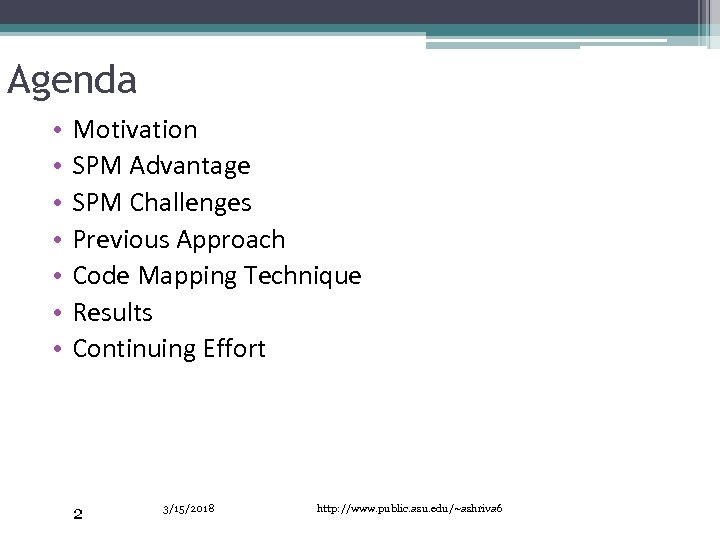 Agenda • • Motivation SPM Advantage SPM Challenges Previous Approach Code Mapping Technique Results