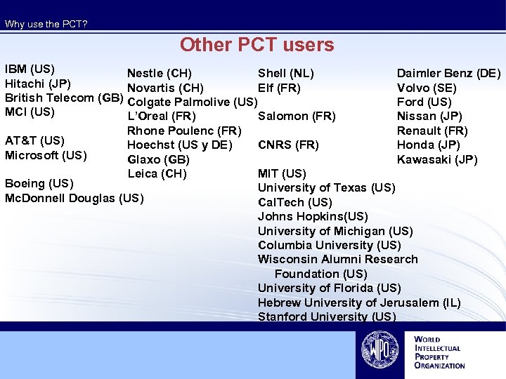 Why use the PCT? Other PCT users IBM (US) Nestle (CH) Shell (NL) Hitachi