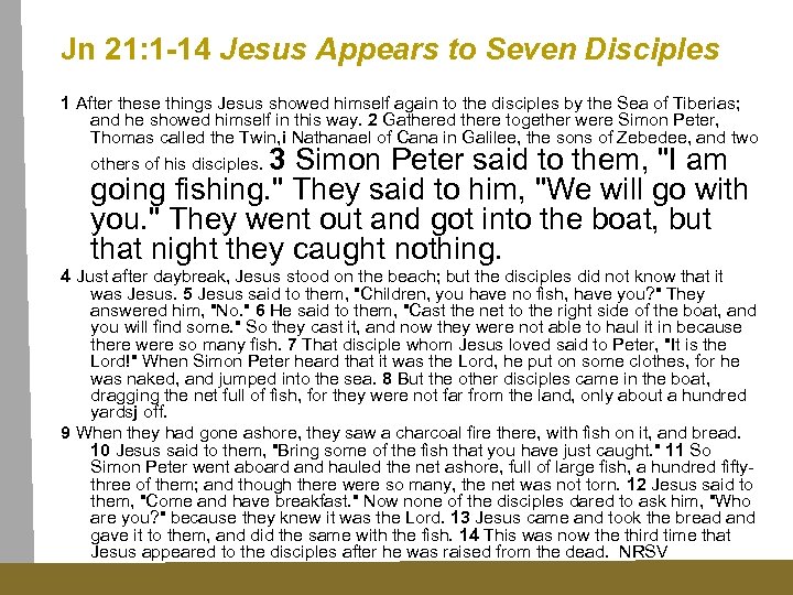 Jn 21: 1 -14 Jesus Appears to Seven Disciples 1 After these things Jesus