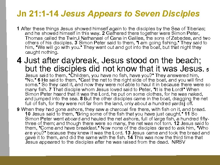 Jn 21: 1 -14 Jesus Appears to Seven Disciples 1 After these things Jesus