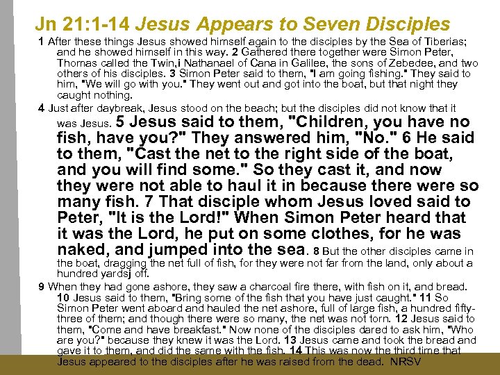 Jn 21: 1 -14 Jesus Appears to Seven Disciples 1 After these things Jesus