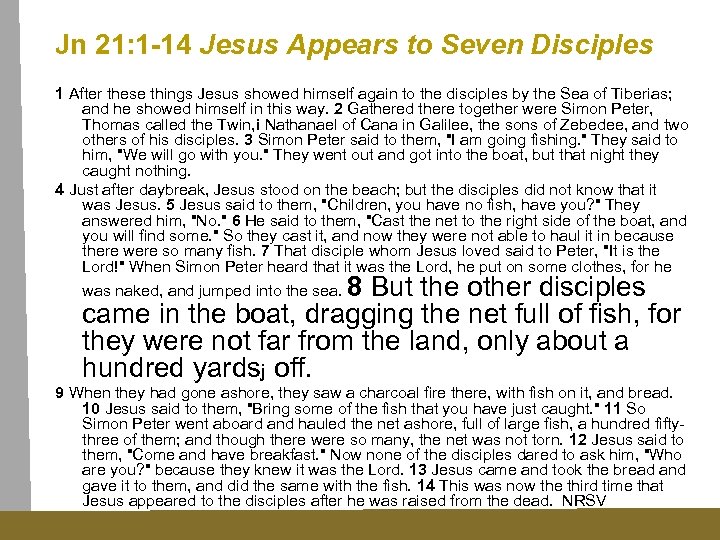 Jn 21: 1 -14 Jesus Appears to Seven Disciples 1 After these things Jesus