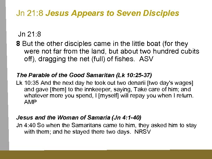 Jn 21: 8 Jesus Appears to Seven Disciples Jn 21: 8 8 But the