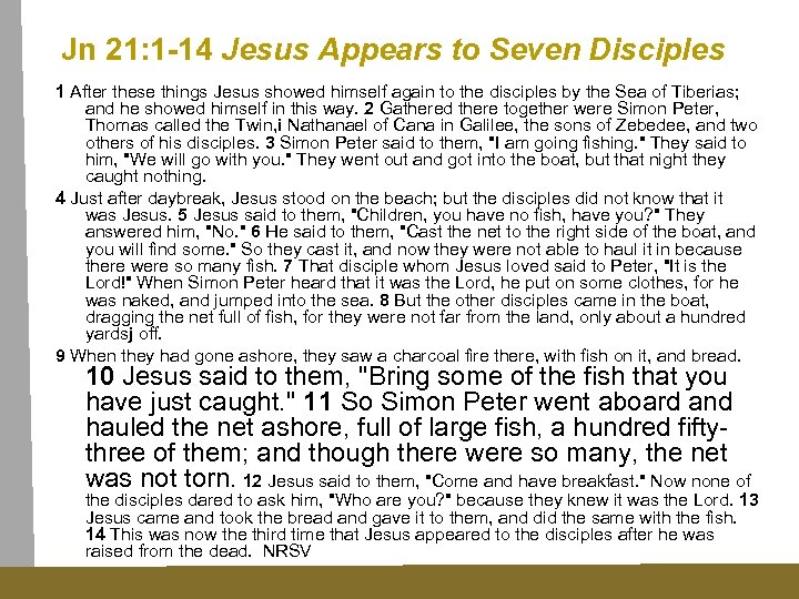 Jn 21: 1 -14 Jesus Appears to Seven Disciples 1 After these things Jesus