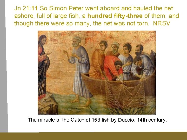 Jn 21: 11 So Simon Peter went aboard and hauled the net ashore, full