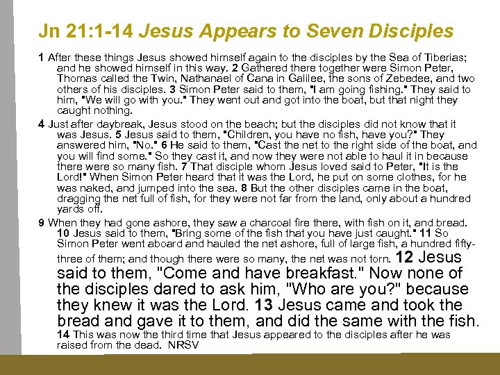 Jn 21: 1 -14 Jesus Appears to Seven Disciples 1 After these things Jesus