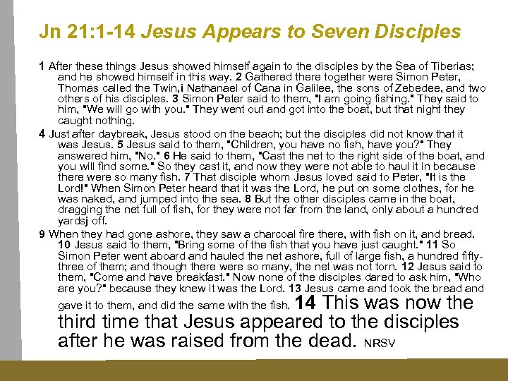 Jn 21: 1 -14 Jesus Appears to Seven Disciples 1 After these things Jesus