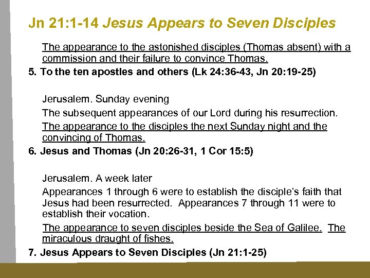 Jn 21: 1 -14 Jesus Appears to Seven Disciples The appearance to the astonished