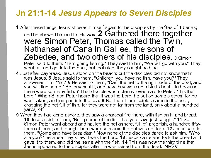 Jn 21: 1 -14 Jesus Appears to Seven Disciples 1 After these things Jesus