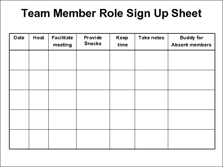 Team Member Role Sign Up Sheet Date Host Facilitate meeting Provide Snacks Keep time