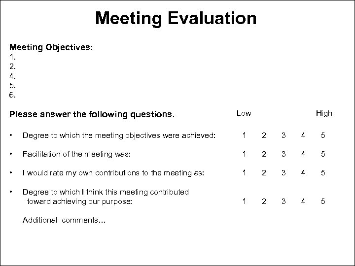 Meeting Evaluation Meeting Objectives: 1. 2. 4. 5. 6. Please answer the following questions.