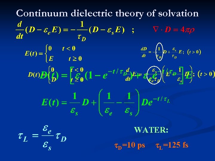 Continuum dielectric theory of solvation WATER: t. D=10 ps t. L=125 fs 