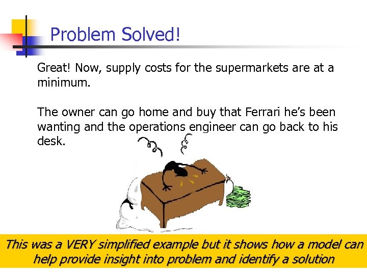 Problem Solved! Great! Now, supply costs for the supermarkets are at a minimum. The