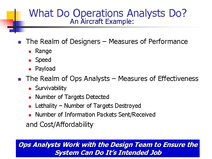 What Do Operations Analysts Do? An Aircraft Example: n The Realm of Designers –