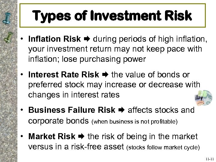 Types of Investment Risk • Inflation Risk during periods of high inflation, your investment
