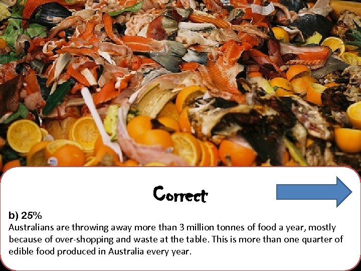 Correct b) 25% Australians are throwing away more than 3 million tonnes of food