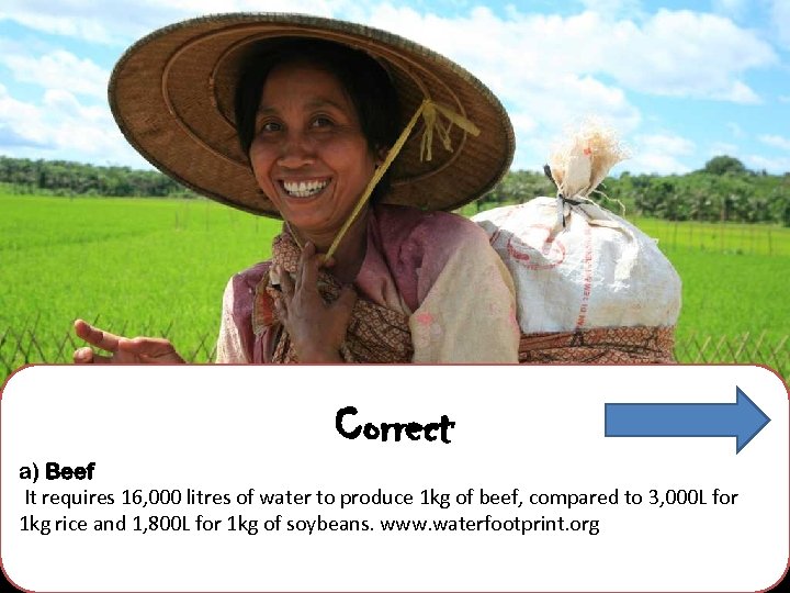 Correct a) Beef It requires 16, 000 litres of water to produce 1 kg