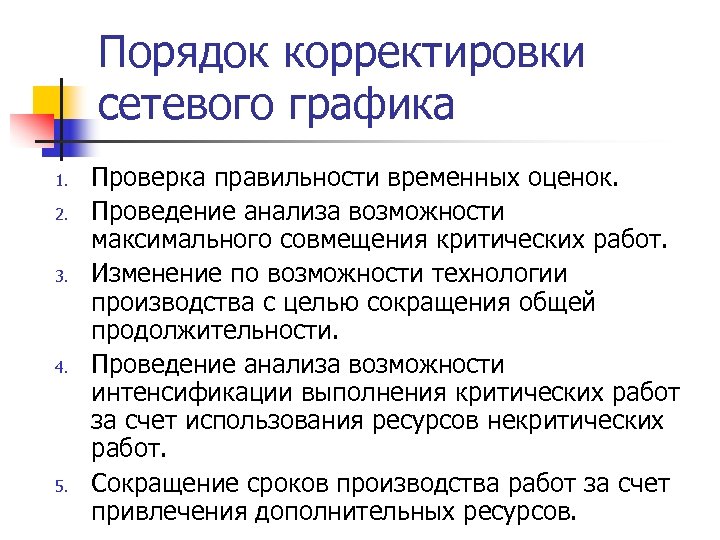 Порядок корректировки сетевого графика 1. 2. 3. 4. 5. Проверка правильности временных оценок. Проведение