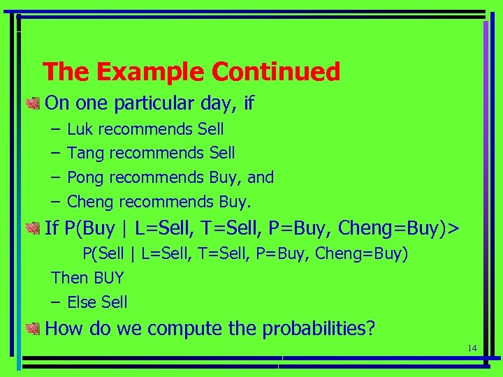 The Example Continued On one particular day, if – – Luk recommends Sell Tang