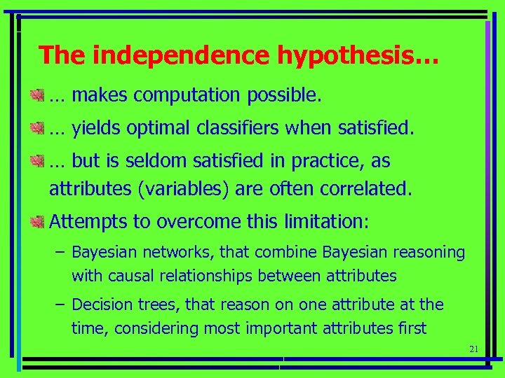 The independence hypothesis… … makes computation possible. … yields optimal classifiers when satisfied. …