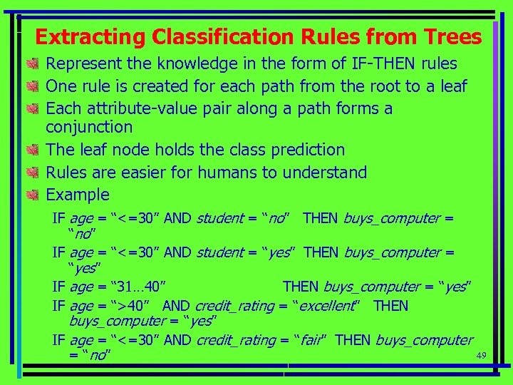 Extracting Classification Rules from Trees Represent the knowledge in the form of IF-THEN rules