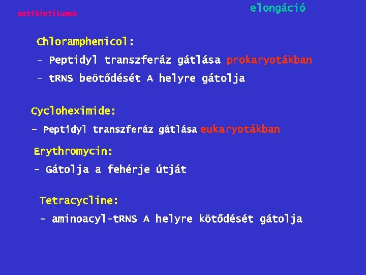 antibiotikumok elongáció Chloramphenicol: - Peptidyl transzferáz gátlása prokaryotákban - t. RNS beötődését A helyre