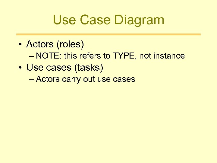 Use Case Diagram • Actors (roles) – NOTE: this refers to TYPE, not instance