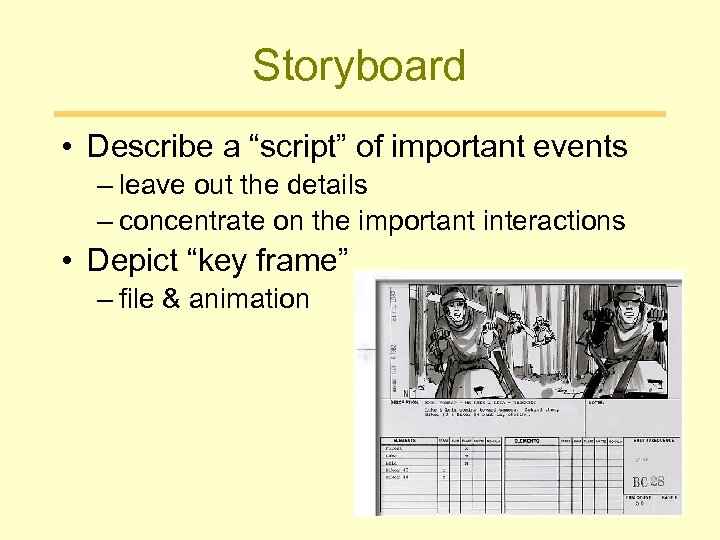 Storyboard • Describe a “script” of important events – leave out the details –