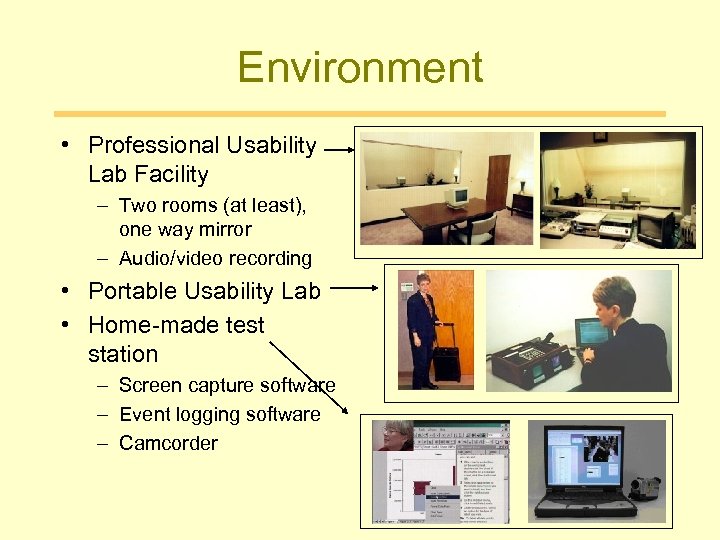 Environment • Professional Usability Lab Facility – Two rooms (at least), one way mirror