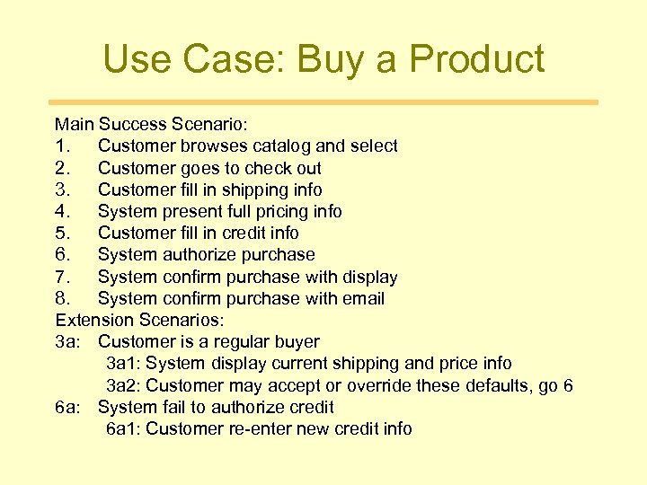 Use Case: Buy a Product Main Success Scenario: 1. Customer browses catalog and select