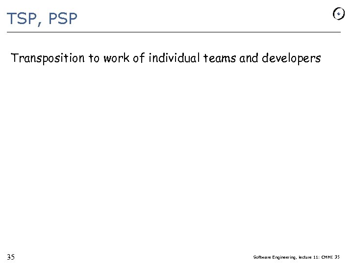TSP, PSP Transposition to work of individual teams and developers 35 Software Engineering, lecture