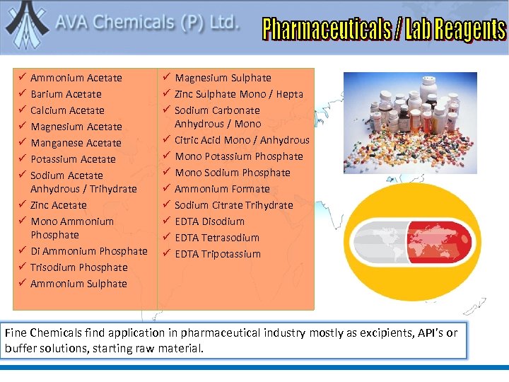 ü Ammonium Acetate ü Barium Acetate ü Calcium Acetate ü Magnesium Acetate ü Manganese