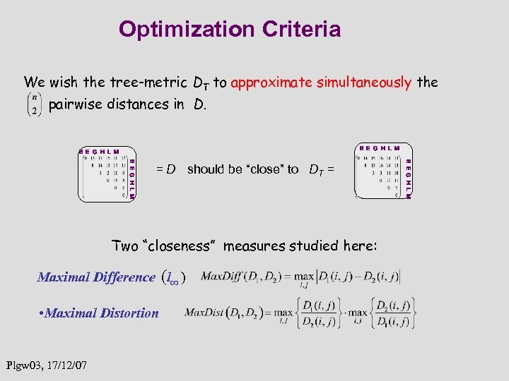 Optimization Criteria We wish the tree-metric DT to approximate simultaneously the pairwise distances in