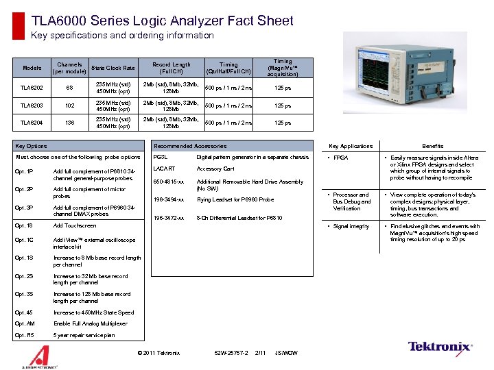 TLA 6000 Series Logic Analyzer Fact Sheet Key specifications and ordering information Models Channels