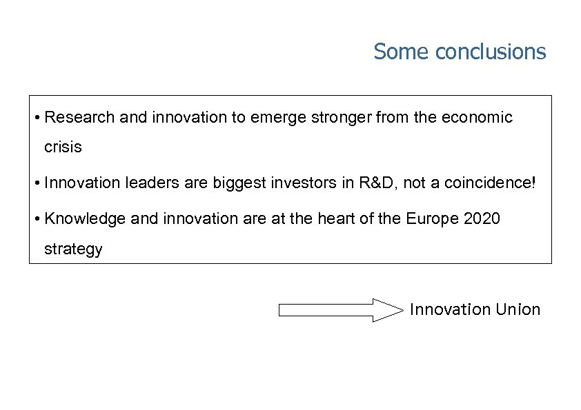 Some conclusions • Research and innovation to emerge stronger from the economic crisis •