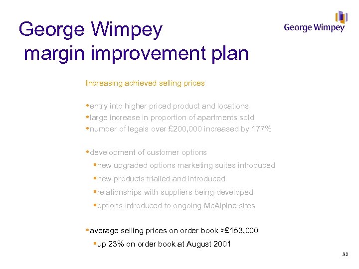 George Wimpey margin improvement plan Increasing achieved selling prices entry into higher priced product