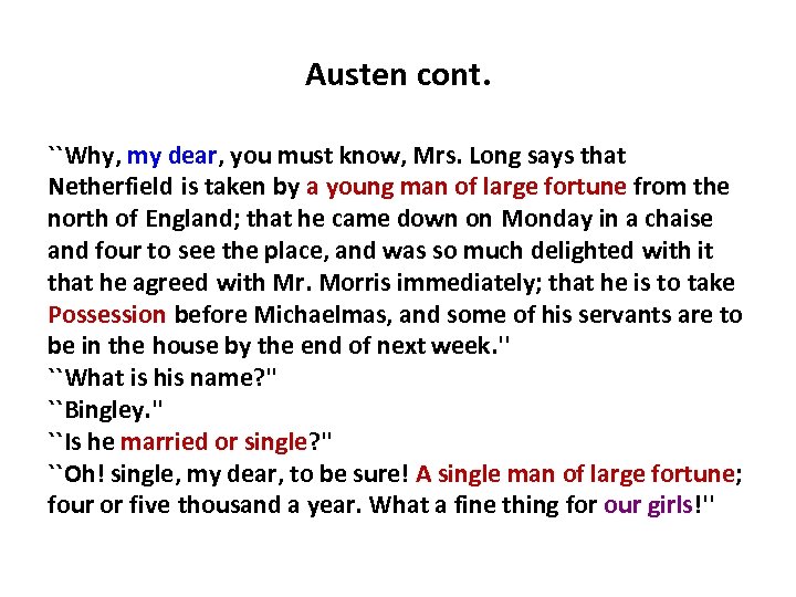 Austen cont. ``Why, my dear, you must know, Mrs. Long says that Netherfield is