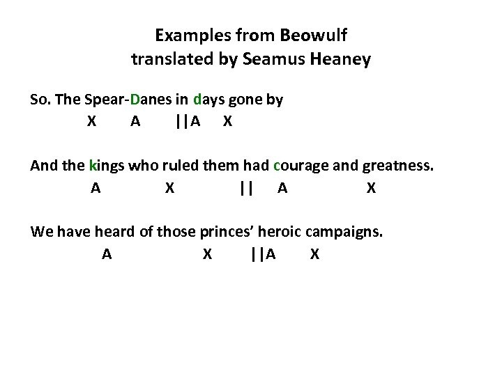 Examples from Beowulf translated by Seamus Heaney So. The Spear-Danes in days gone by