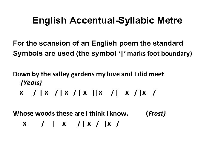 English Accentual-Syllabic Metre For the scansion of an English poem the standard Symbols are
