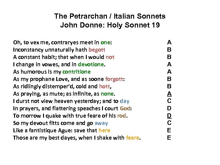 The Petrarchan / Italian Sonnets John Donne: Holy Sonnet 19 Oh, to vex me,