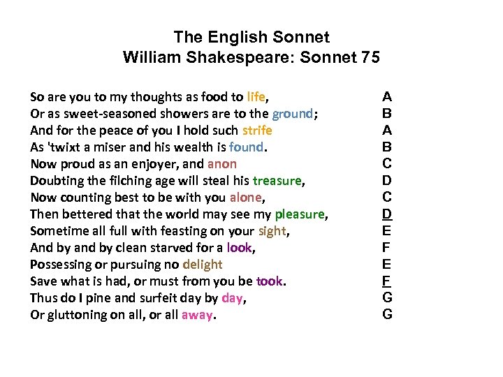 The English Sonnet William Shakespeare: Sonnet 75 So are you to my thoughts as
