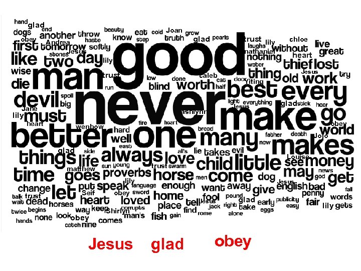 glad obey Joan Andrea Jesus glad trust lily nathaniel lily trust caleb Jane heart