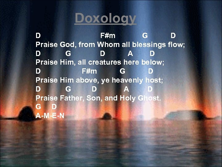 Doxology D F#m G D Praise God, from Whom all blessings flow; D G