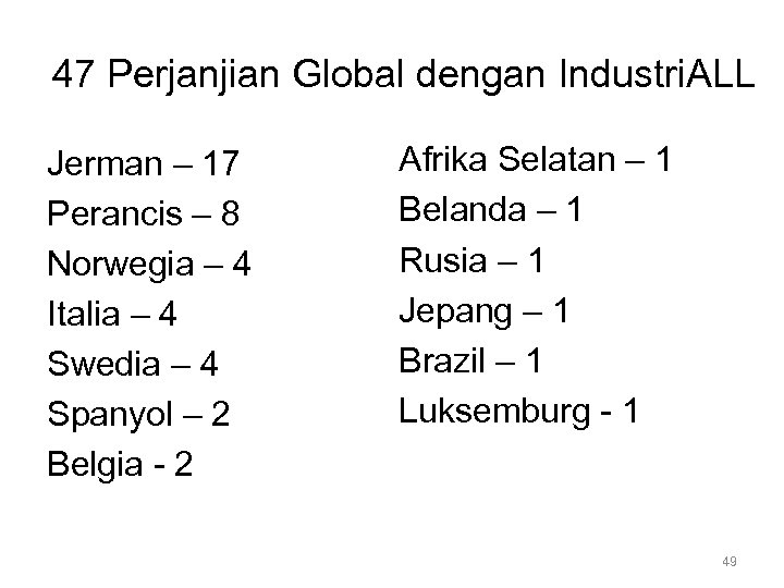 47 Perjanjian Global dengan Industri. ALL Jerman – 17 Perancis – 8 Norwegia –