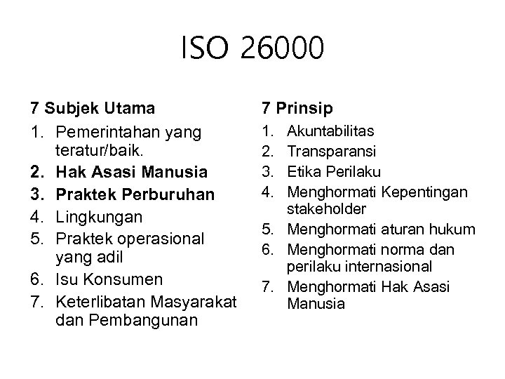 ISO 26000 7 Subjek Utama 1. Pemerintahan yang teratur/baik. 2. Hak Asasi Manusia 3.