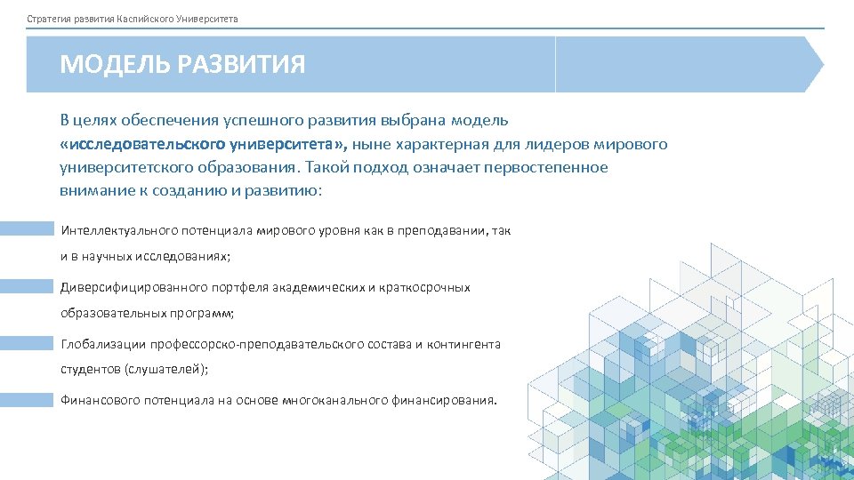 Стратегия развития Каспийского Университета МОДЕЛЬ РАЗВИТИЯ В целях обеспечения успешного развития выбрана модель «исследовательского