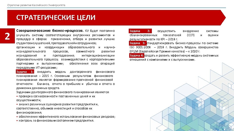 Стратегия развития Каспийского Университета СТРАТЕГИЧЕСКИЕ ЦЕЛИ 2 Совершенствование бизнес-процессов. КУ будет постоянно улучшать систему