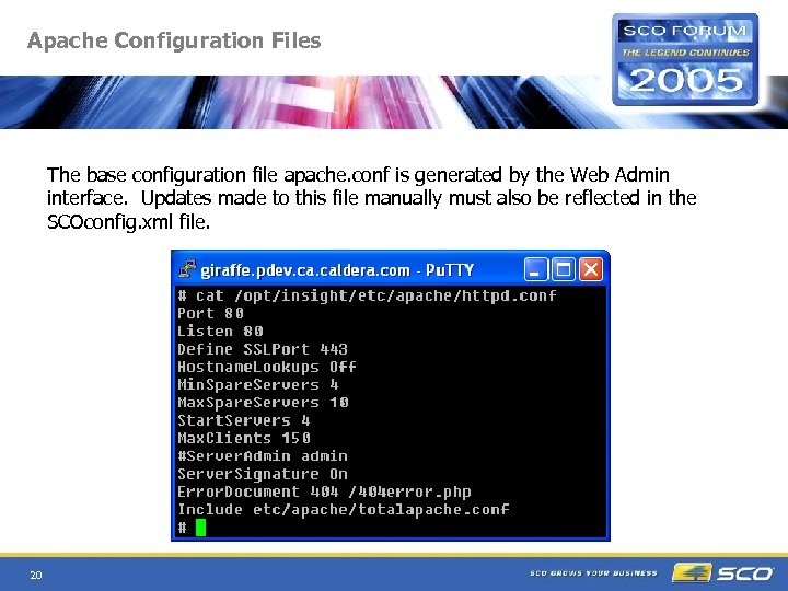 Apache Configuration Files The base configuration file apache. conf is generated by the Web