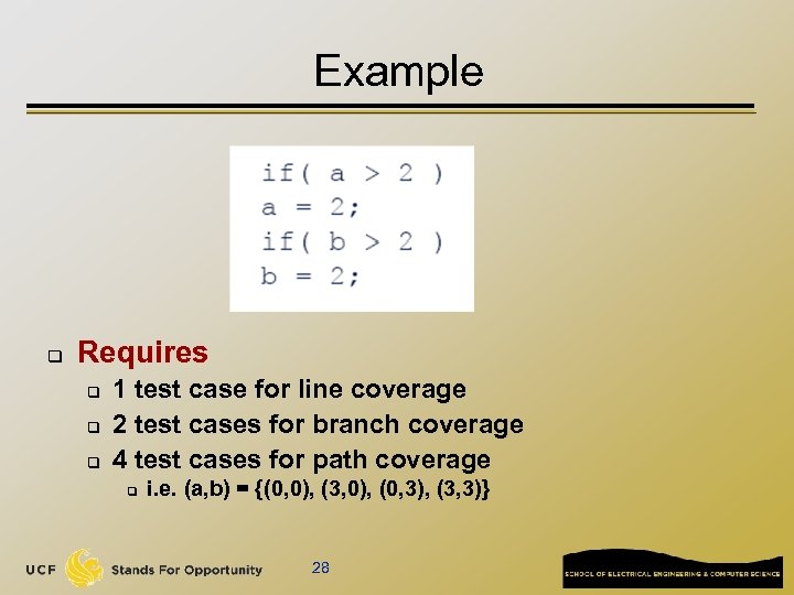 Example q Requires q q q 1 test case for line coverage 2 test